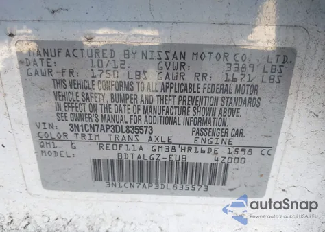 2013 Nissan Versa 1.6 Sl from USA, damaged, VIN 3N1CN7AP3DL835573